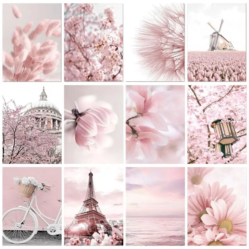 Chenistory Modern Paint By Numbers Frame Pink Flower Tower Landscape Home Decors Picture Coloring Regalo Fai Da Te Kill Time Dipinto A Mano