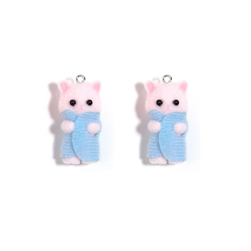 30Pcs Kawaii 3D Flocking Cat Charms Cute Cartoon Cat Ornament Pendant Earring Keychain Accessories for DIY Crafts Jewelry Make