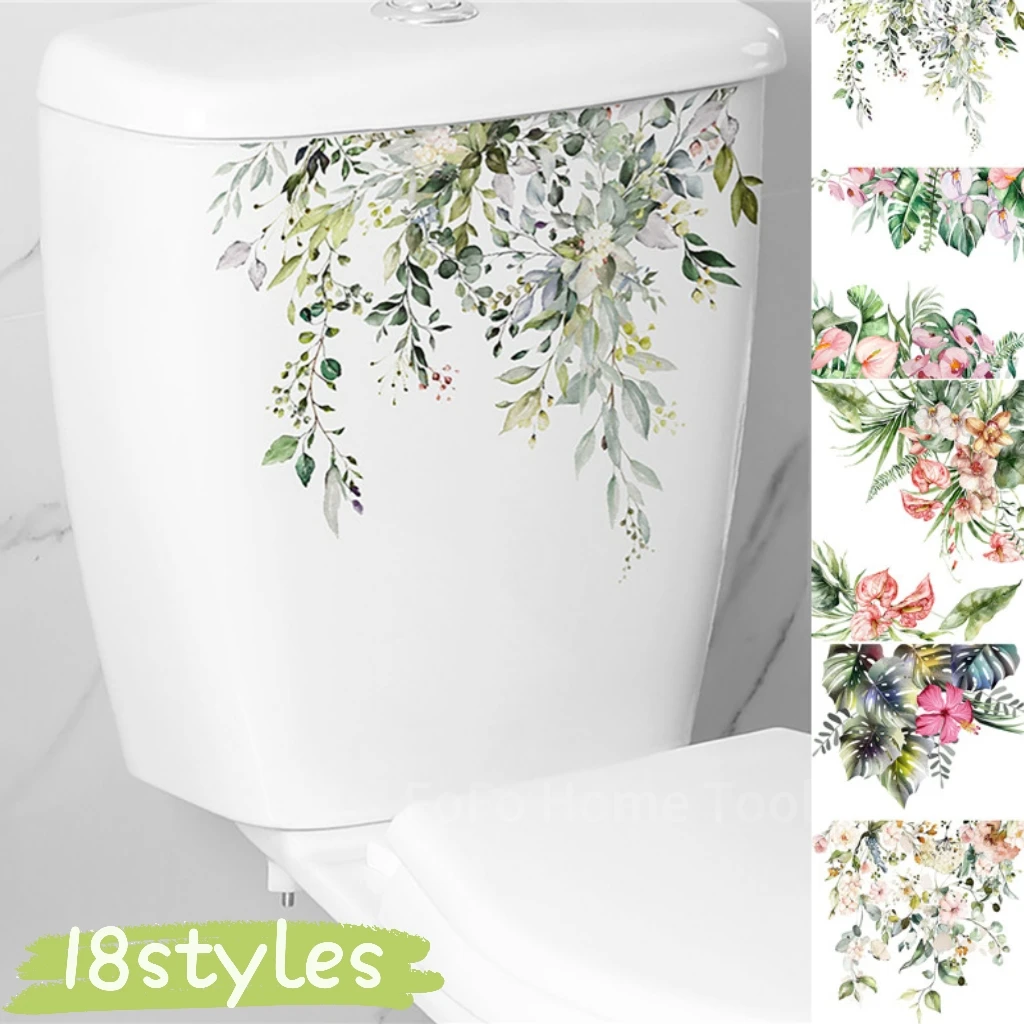 Green Plant Leaves Wall Sticker Self Adhesive Waterproof Toilet Mural Sticker Flower Sea Creature Bathroom Decal Home Decoration vinyl stickers toilet stickers toilet wall stickers toilet seat stickers kitten wall stickers turtle wall stickers