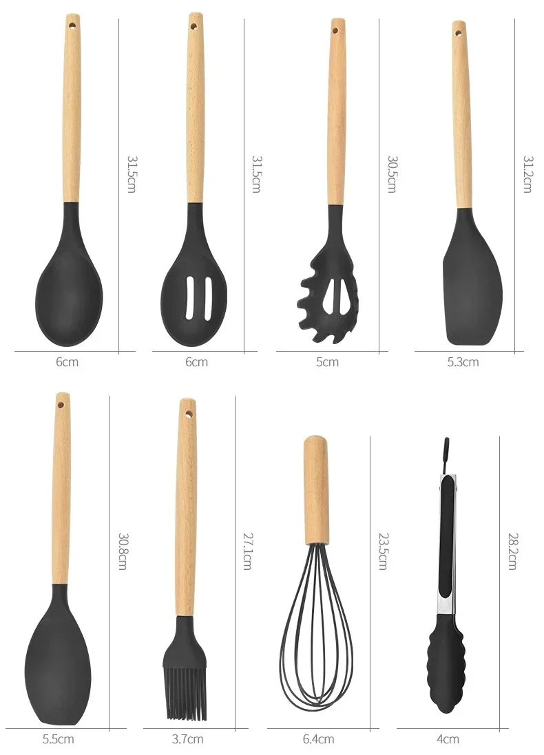 Description Picture 5 of item12Pcs Silicone Cooking Utensils Set Wooden Handle Kitchen Cooking Tool Non-stick Cookware Spatula Shovel Egg Kitchenware Beaters