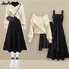 2023 Autumn/Winter New Korean Elegant Matching Set Women's Fashion Cross Knit Sweater+Bottom Shirt+Strap Dress Three Piece Suit 1