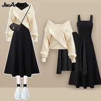 2023 Autumn/Winter New Korean Elegant Matching Set Women's Fashion Cross Knit Sweater+Bottom Shirt+Strap Dress Three Piece Suit 1