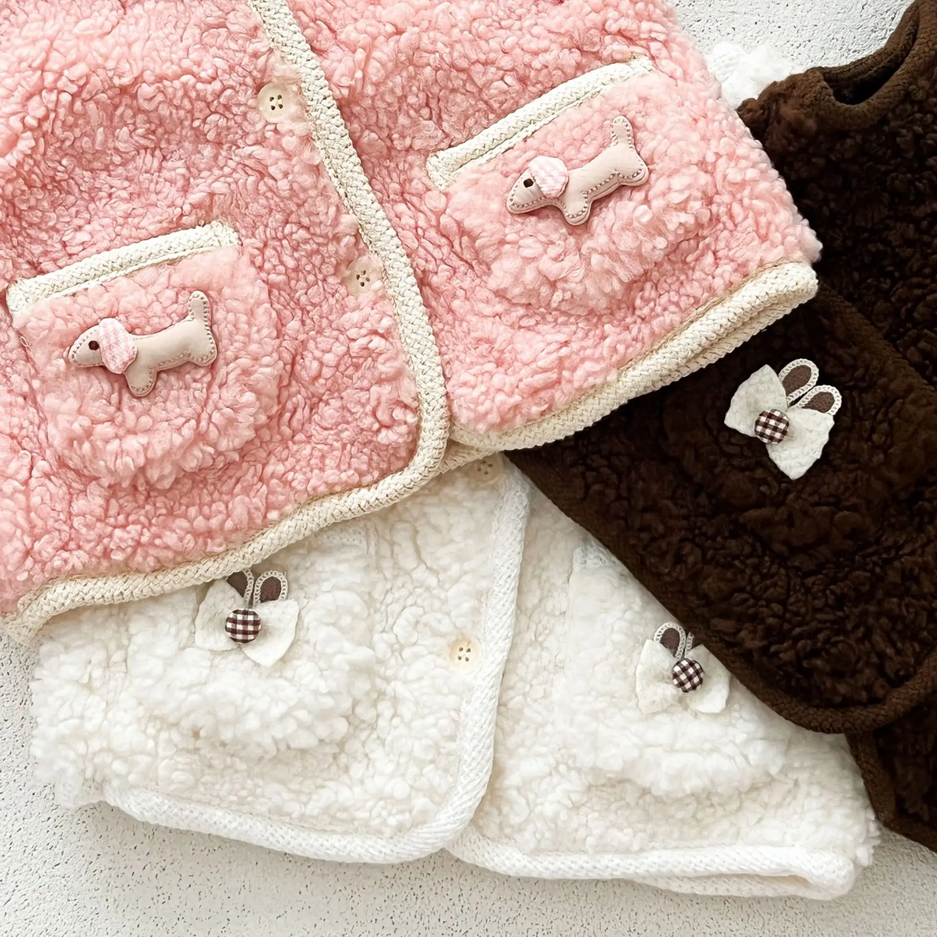 Winter New Baby Sleeveless Lamb Wool Vest Solid Girls Cute Bow Cardigan Coat Plus Velvet Thick Infant Toddler Warm Clothes