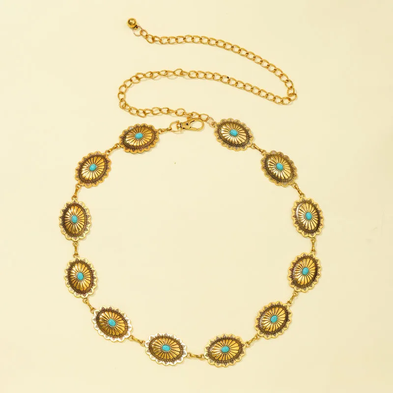 Retro-style female metal belt chain accessories, carved chain belt with decorative ring, advanced style accessories.
