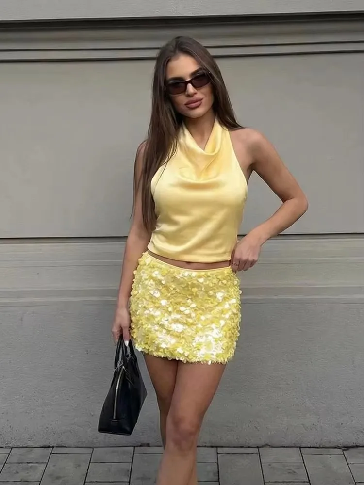 HH Women Fashion Sequins Mini Skirt Sexy Off-Shoulder Halter Top High Waist Slim Skirts Spring Summer High Street Lady Clothing