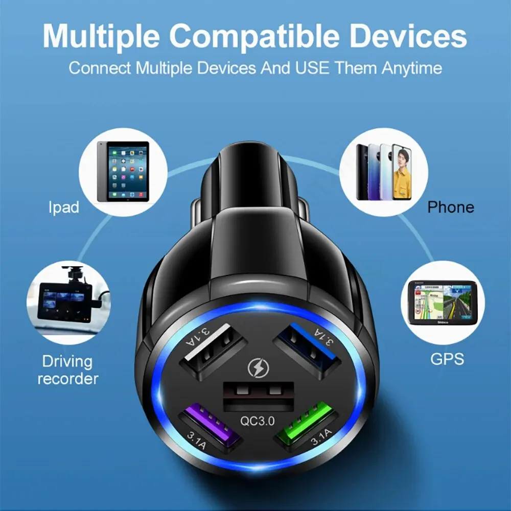 5-in-1 QC3.0 5 USB 차량용 충전기 고속 충전 차량용 충전기 원 드래그 멀티 5개 USB 포트 범용 고속 충전 차량용 충전기