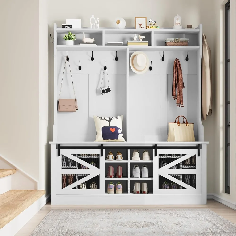 59" wide hall tree with shoe storage, farmhouse entryway bench with coat rack, 16 shoe cubbies with adjustable shelves & 12 coa