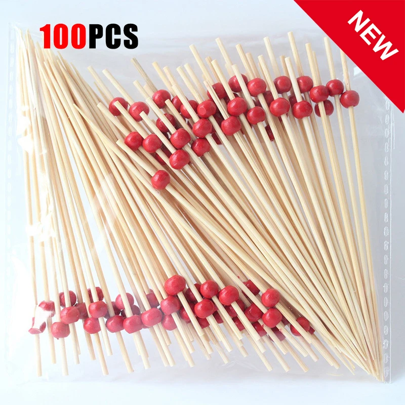 

100pcs 12cm red Beads Bamboo Fruit Sticks Fruit Salad Snack Fork Cocktail Decor Cake Buffet Toothpicks Wedding Party Supplies