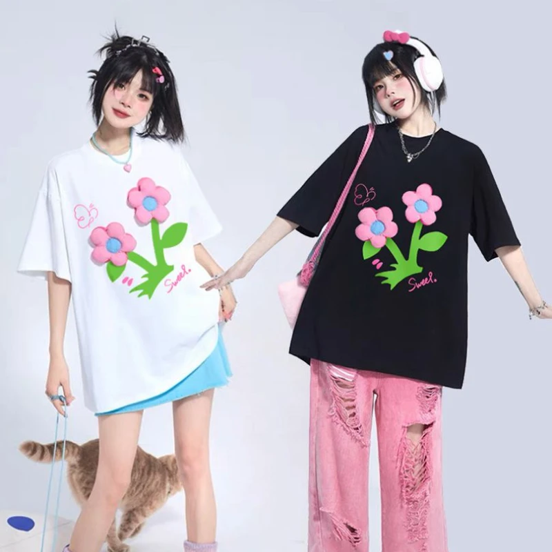 

DAYIFUN-Women's Short Sleeve T-shirts 3D Flower Design Loose Printed Tops Lady Round Neck Tees Cotton Couple Summer Tshirts 2024