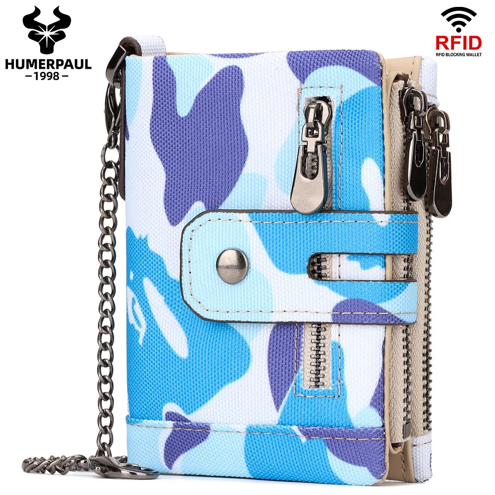 Oxford Men's RFID Blocking Wallet with Zippered Coin Purse and Classic Biker Chain Design