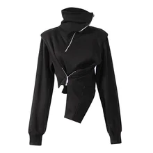 

Short top women's 2021 autumn new oblique zipper high collar irregular hem waist long-sleeved fashion black hoodie streetwear