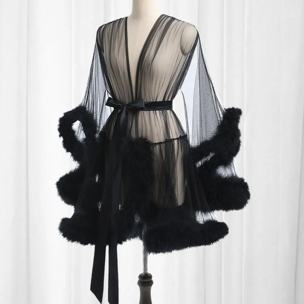 Mesh Detail Sleep Dress Elegant Mesh Ruffle Nightgown with Adjustable Waist Tie Sexy Plush Trim Sleepwear for Women Pleated