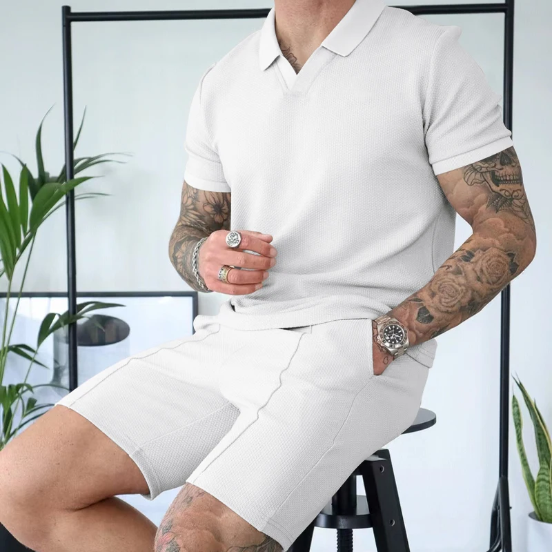 High-quality Waffle Fabric Men's Clothing Summer Fashion Casual Solid Color Lapel Short-sleeved Polo Shirt Shorts Two-piece Set