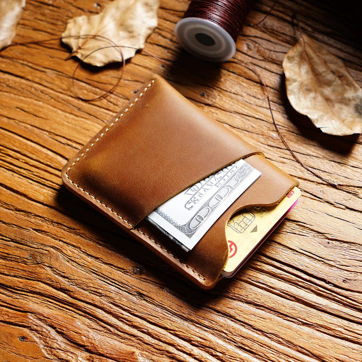 Original Handmade Top-Grain Leather Vintage Men's Card Holder Wallet Compact Casual Money Clip with Coin Pocket