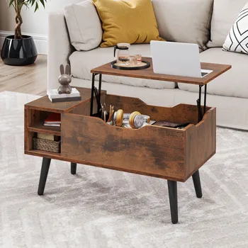 YITAHOME Rustic Brown Lift-Top Coffee Table - Adjustable Shelf & Hidden Storage, Spring Mechanism, 80x40x61.5cm