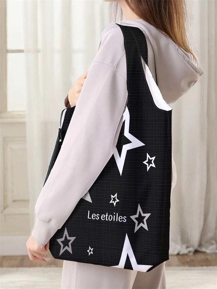 Women's Foldable Cartoon Pentagram Pattern Large Shopping Bag Foldable Storage Reusable Easy to Carry Capacity Handbag