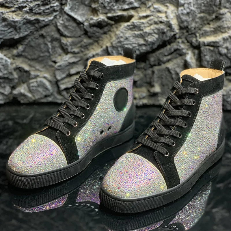 

Luxury Designer High Tops Red Bottoms Glisten Crystal Leather Shoes For Men's Casual Flats Loafers Women's Rhinestone Sneakers