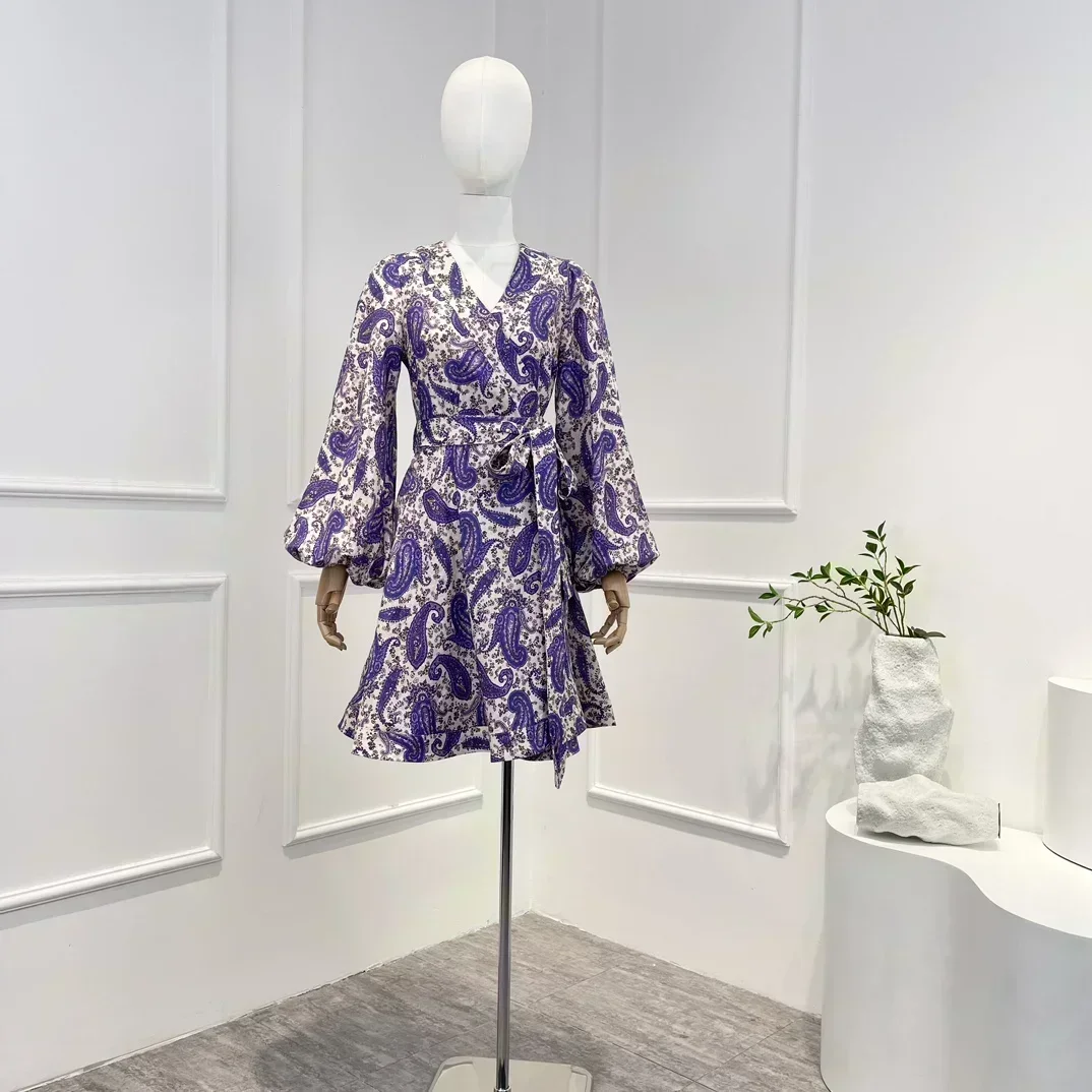 

2023 Purple New Linen Top Quality Spring Summer Paisley Printing Vintage Long Lantern Sleeve Woman Mini Wrap Dress