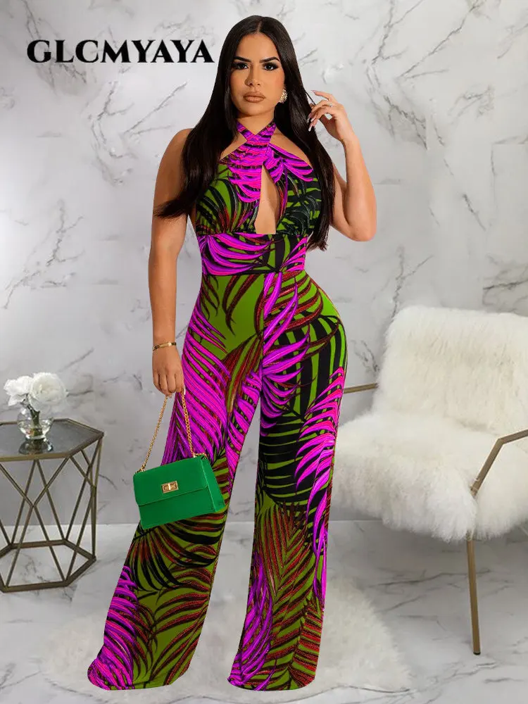 

GLCMYAYA Women Leaf Printed Halter Neck Backless Sleeveless Straight Wide Leg Jumpsuit 2023 Sexy Beach Playsuit One Piece Set