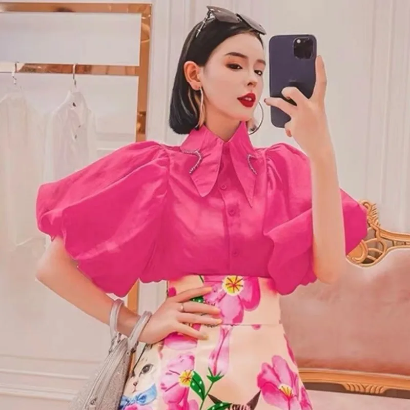 ランタンブラウス♡Hiand♡ Lantern blouse Lantern Short Sleeve Blouse Crop Top Rhinestone Shirt Blusas