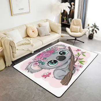 Cartoon Koala Area Rug Kawaii Wild Animal Carpet Flower Floor Mat for Bathroom Living Room Backyard Non Slip Entrance Doormat