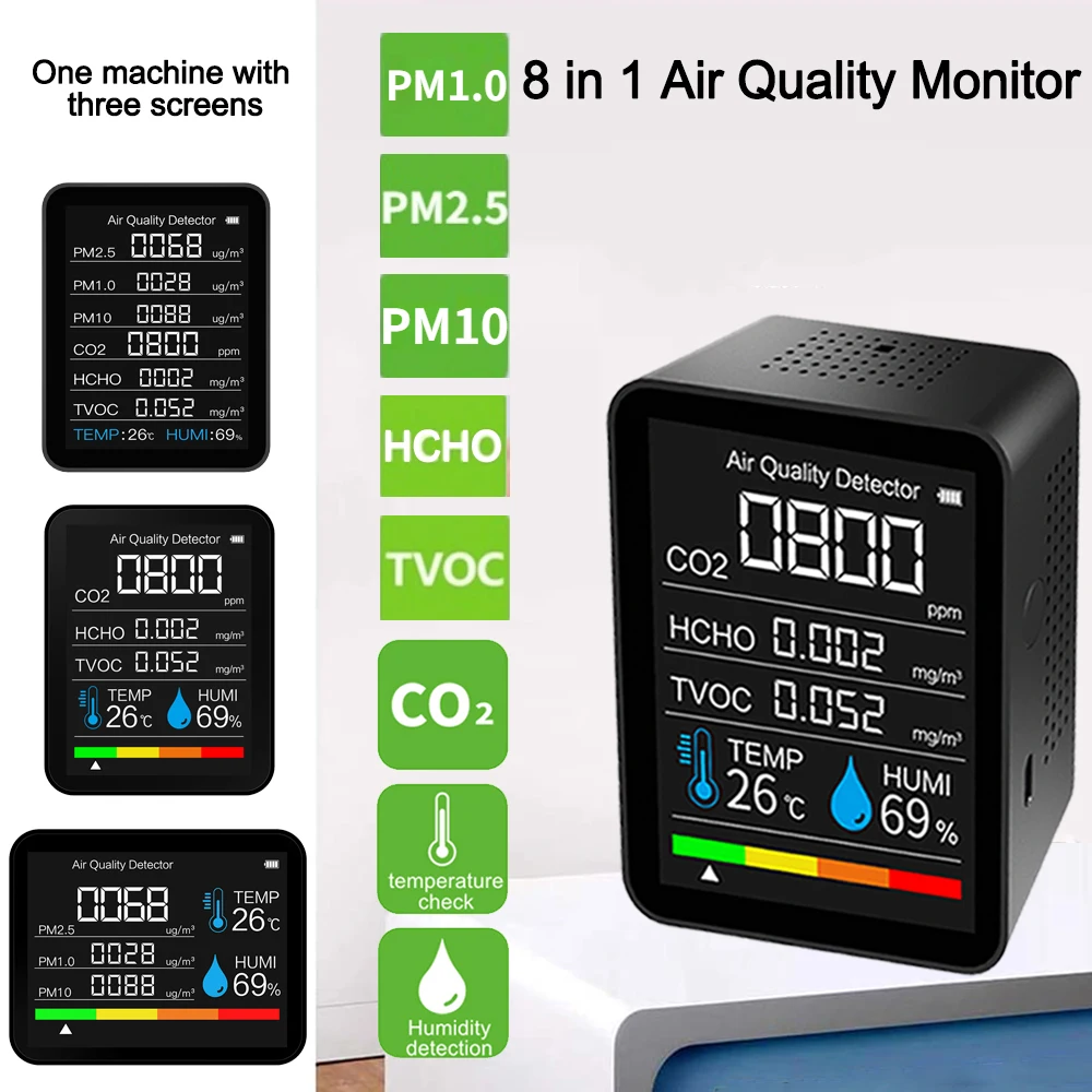 

8 In 1 Air Quality Detector CO2 Monitor PM2.5 PM1.0 PM10 HCHO TVOC Temperature Humidity Detector Sensor Gas Detector Analyzer