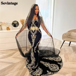 Sevintage Noble Black Karakou Algerian Evening Dresses Mermaid Square Collar Lace Appliques Belt Luxury Formal Prom Gowns 2024