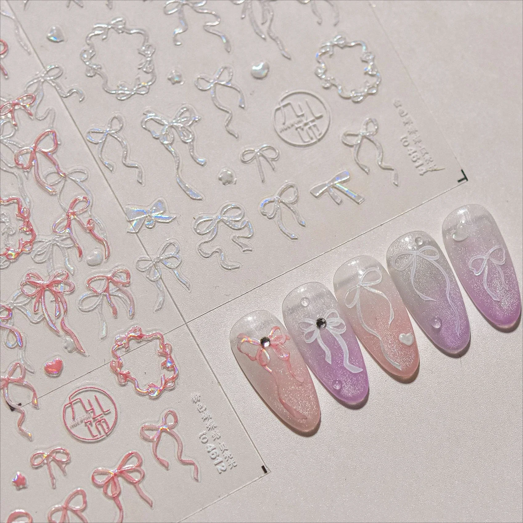 Colourful Tender Bowknot Embossment Shiny Tie Delicate Elegant 3D 5D Self Adhesive Nail Art Stickers Rhinestone Manicure Decals 4