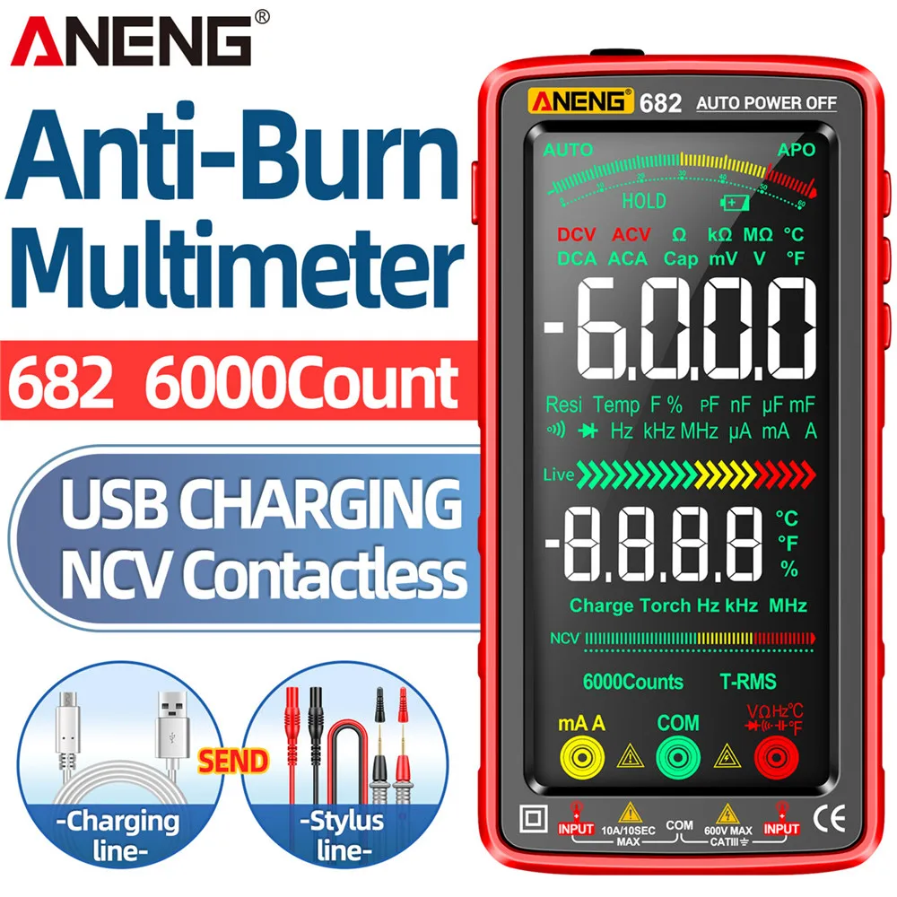 ANENG 682 Smart Professional Multimeter AC/DC Ammeter Voltage Tester Rechargeable Electric Ohm Diode Tester Tool for Electrician