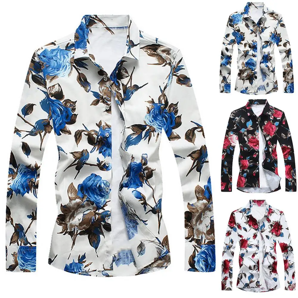 

Fashion Top Slim Men Turn Down Collar Shirt Casual Print Long Sleeve Plus Size Men's Flower Snap Button Shirts Mens Streetwear