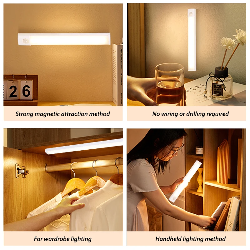 Motion Sensor LED Under Cabinet Lamp Dimmable Rechargeable Night Light Stairs Closet Room Aisle Tube Bar Detector Bulb