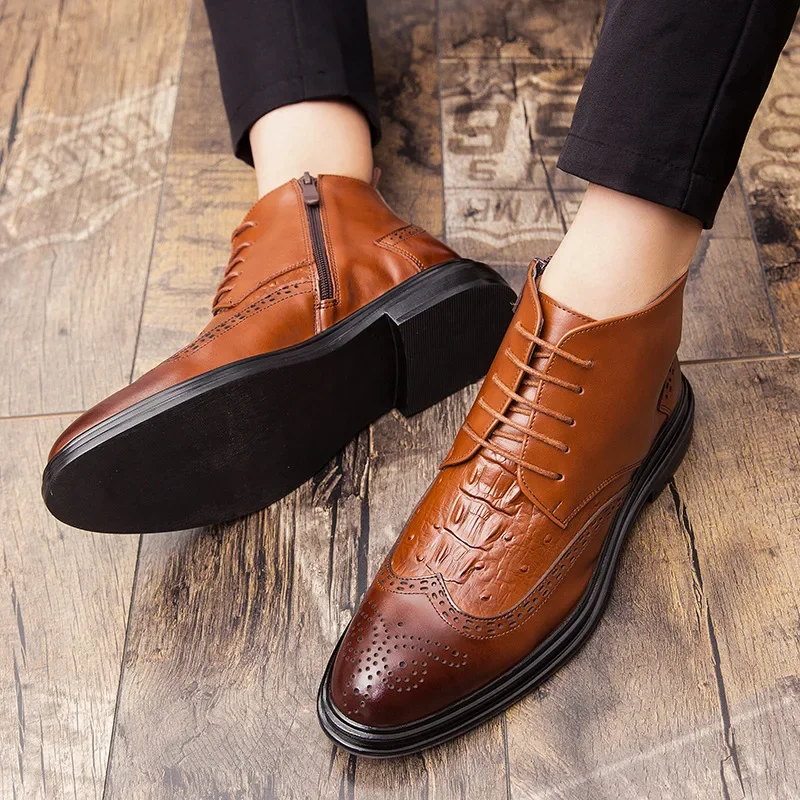 Business Chelsea Boots Mens Winter Ankle Boots Men Leather Zipper Side Thick Artificial Fur Snow Men Winter Dress Shoes