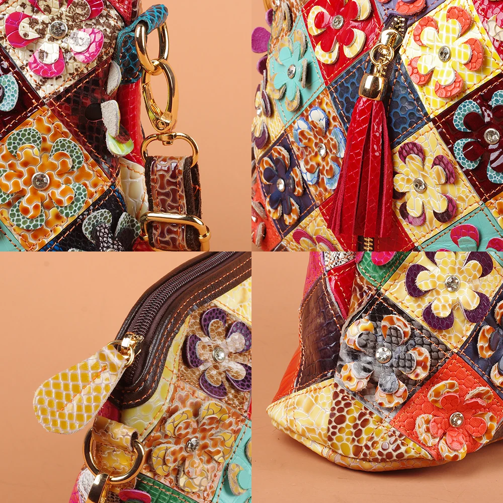 Multi-color snake pattern splicing tassel genuine leather cowhide bag shoulder women's bag personalized casual women's small