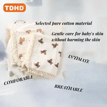 TDHD 1pc CozySoft Knitted Wrap Blanket with Teddy Bear Print, Soft Fringe Tassel, Breathable Muslin Swaddle for Strollers 1