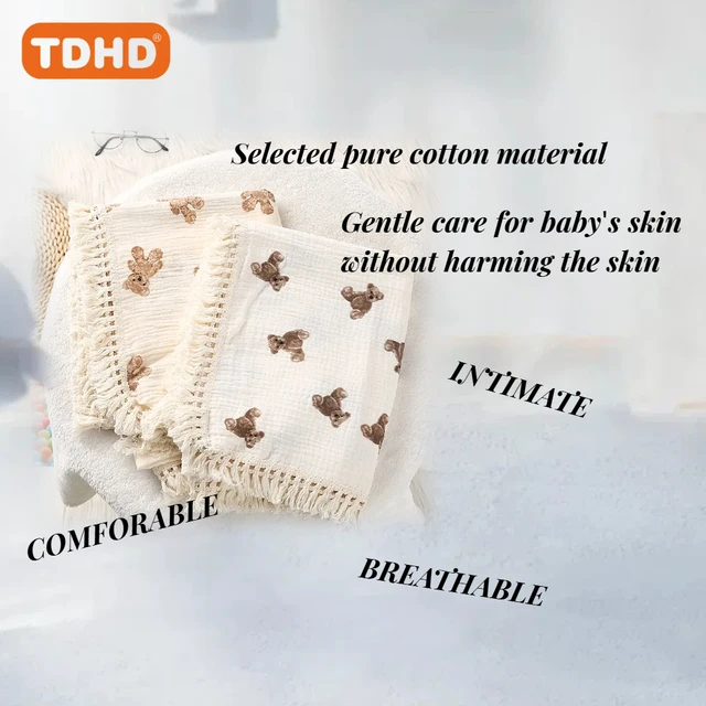 TDHD 1pc CozySoft Knitted Wrap Blanket with Teddy Bear Print, Soft Fringe Tassel, Breathable Muslin Swaddle for Strollers 1
