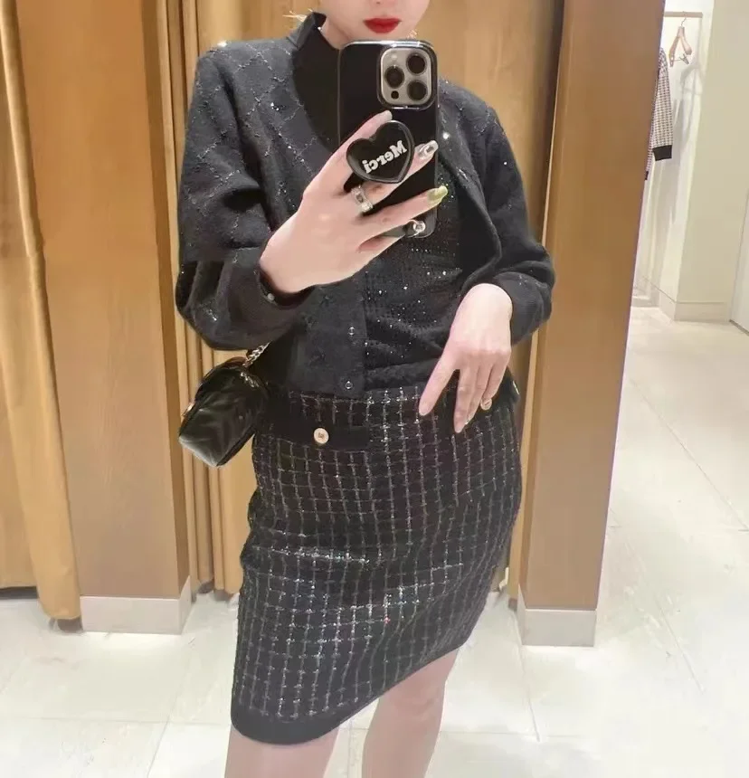 

Women O-neck Cardigan Sequins Decoration Casual 2023 Autumn New Single Breasted Long Sleeve Coat