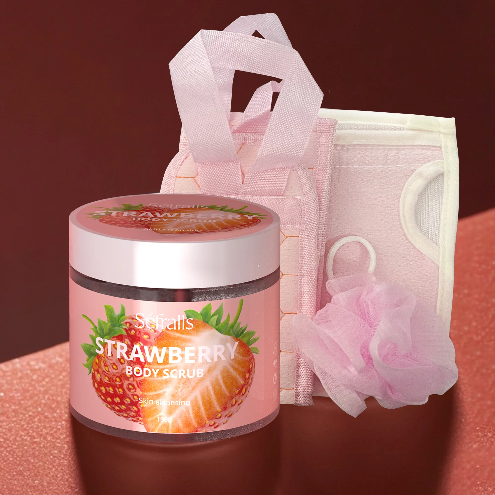 Séfralls Strawberry Body Scrub 4pcs Set (Rubbing ball*1, scrubbing tape*1, scrubbing gloves*1, body scrub*1) Exfoliator
