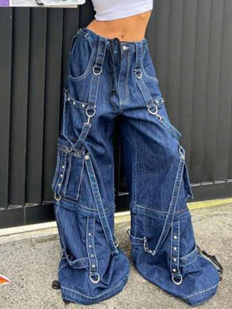 Y2K Blue Low Waist Wide Leg Baggy Jeans Rivet Ribbons Pockets Woman ...