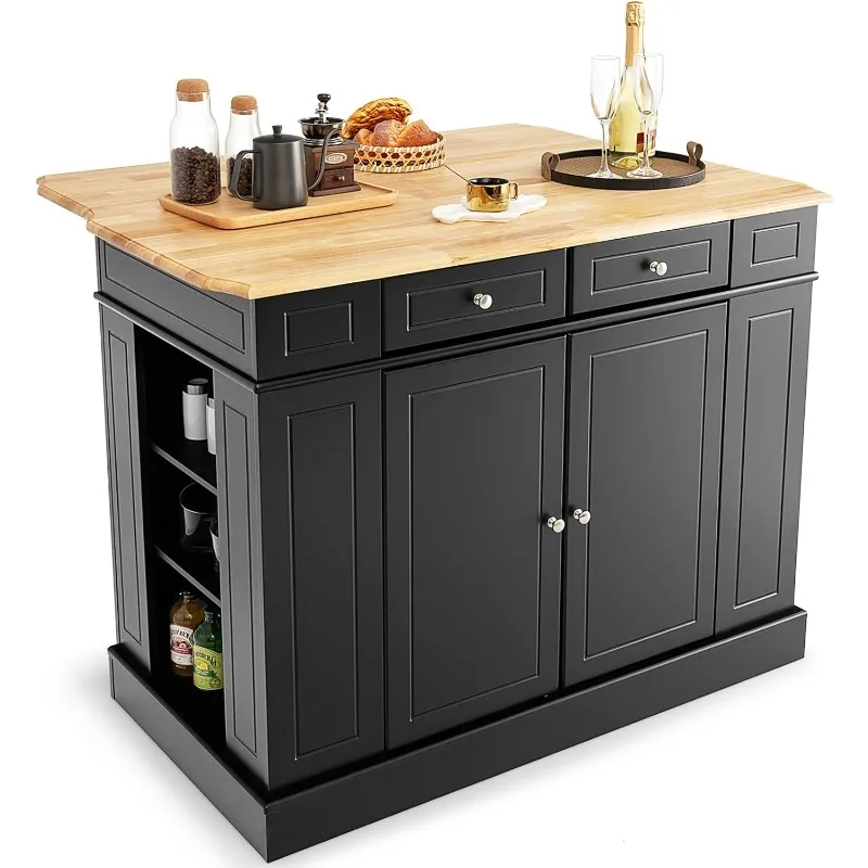 

Kitchen Island with Drop Leaf, Rubber Wood Top, 2 Drawers, Storage Cabinets, Spice Racks, Adjustable Shelves, Stationary