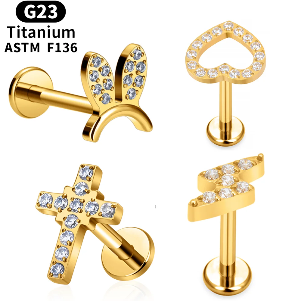 

G23 Titanium 16G Piercing Stud Earrings Cross Zircon Helix Tragus Cartilage Body Jewlery Internal Thread Heart Labret Lip Studs