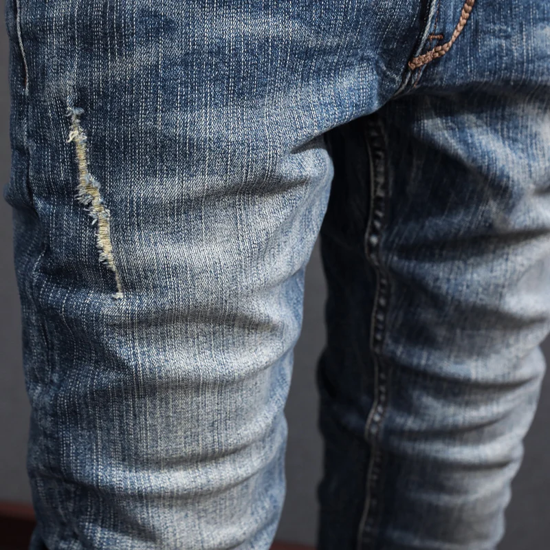 Fashion Designer Men Jeans High Quality Retro Blue Elastic Slim Fit Ripped Jeans Men Vintage Trousers Casual Denim Pants Hombre