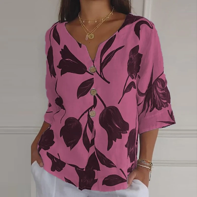 

Женская хлопковая блузка на пуговицах, с V-образным вырезом и цветочным принтом