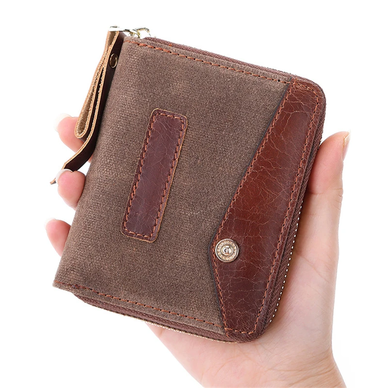 

Vintage Mens Short Wallet Top Layer Leather Card Holder Male Purse with Coin Pocket RFID Blocking Women's Zipper Clutch Bag