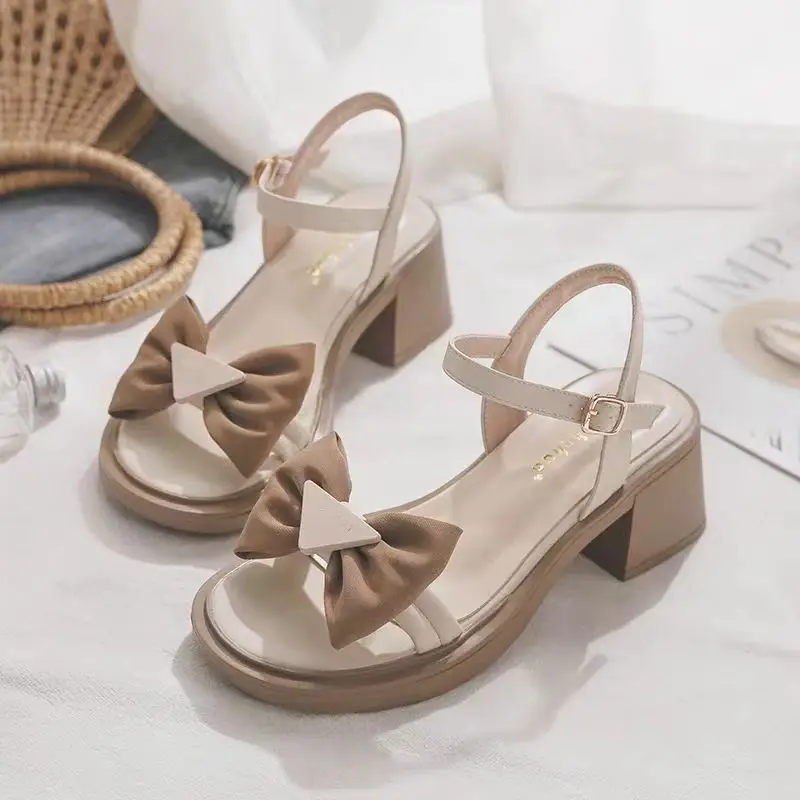 

Women's Shoes Round Toe Tip Summer 2023 Outdoor Sandals for Woman with Medium Heels Footwear One Word Bow Wholesale Vintage Shoe