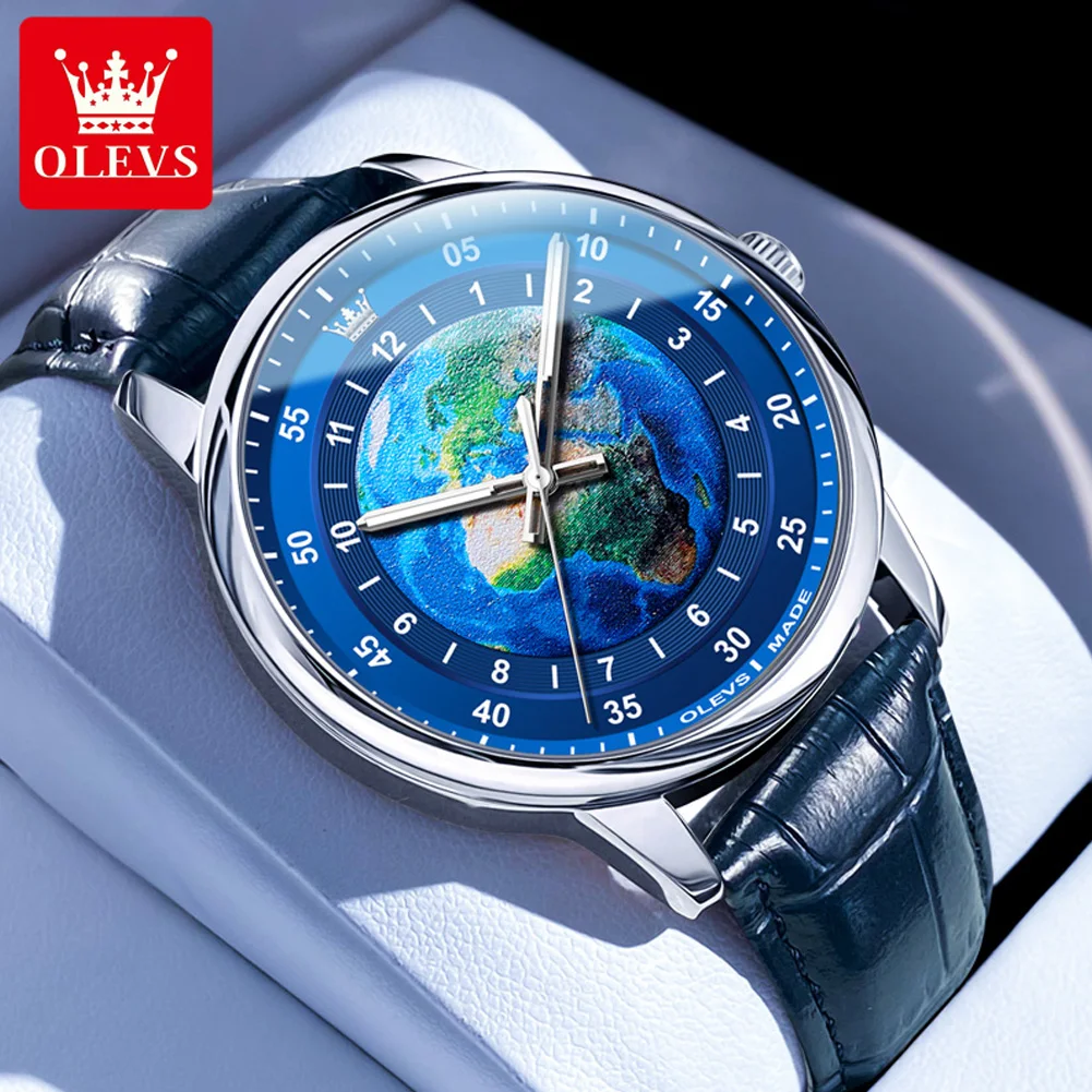 OLEVS New Fashion Blue Quartz Watch for Men  Leather Strap Waterproof Luminous Mens Watches Top Brand Luxury Relogio Masculino