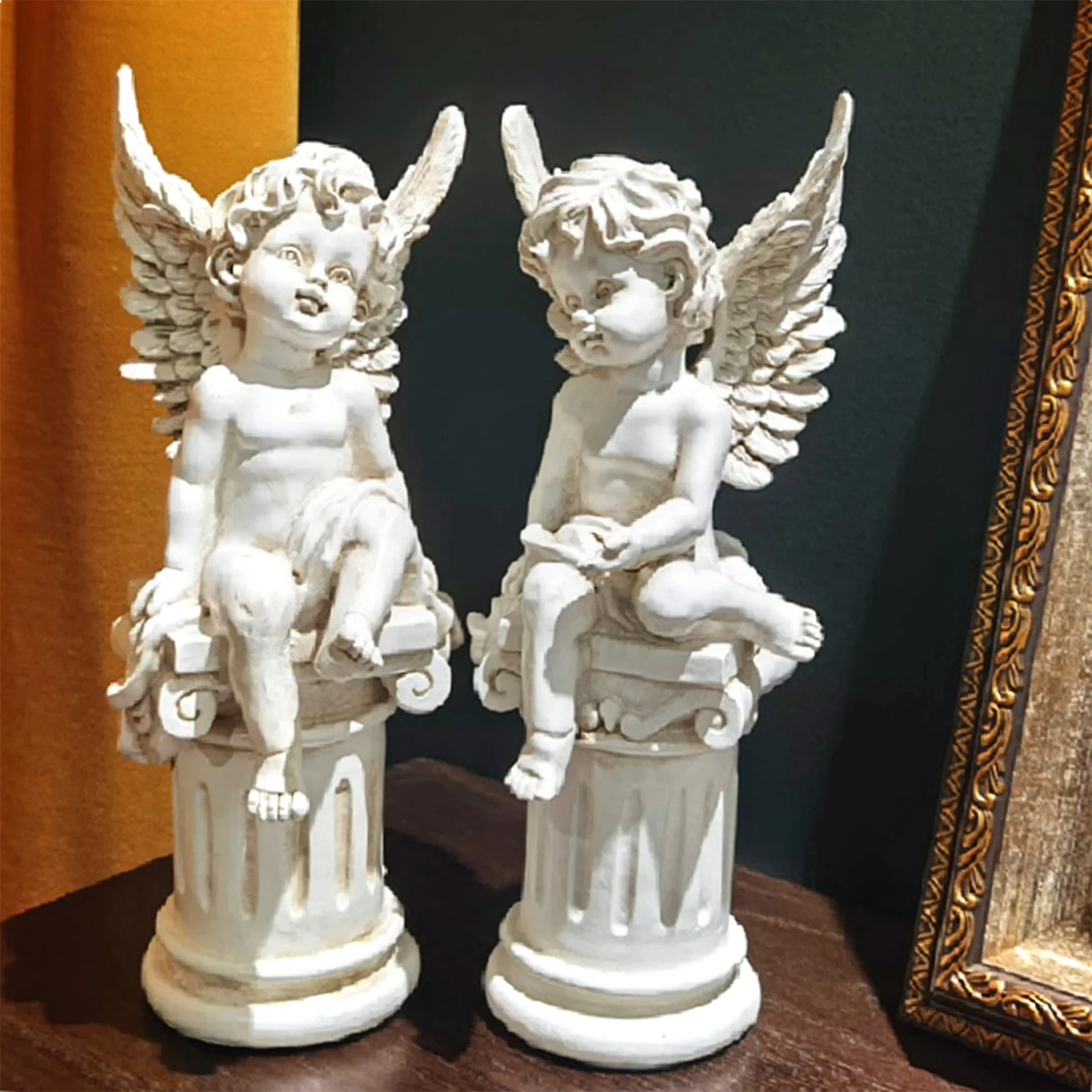 2Pcs Cherub Statues Cute Cherub Statues Roman Pillar Memorial Props Garden Figurines Resin Decoration Props Garden Figurines