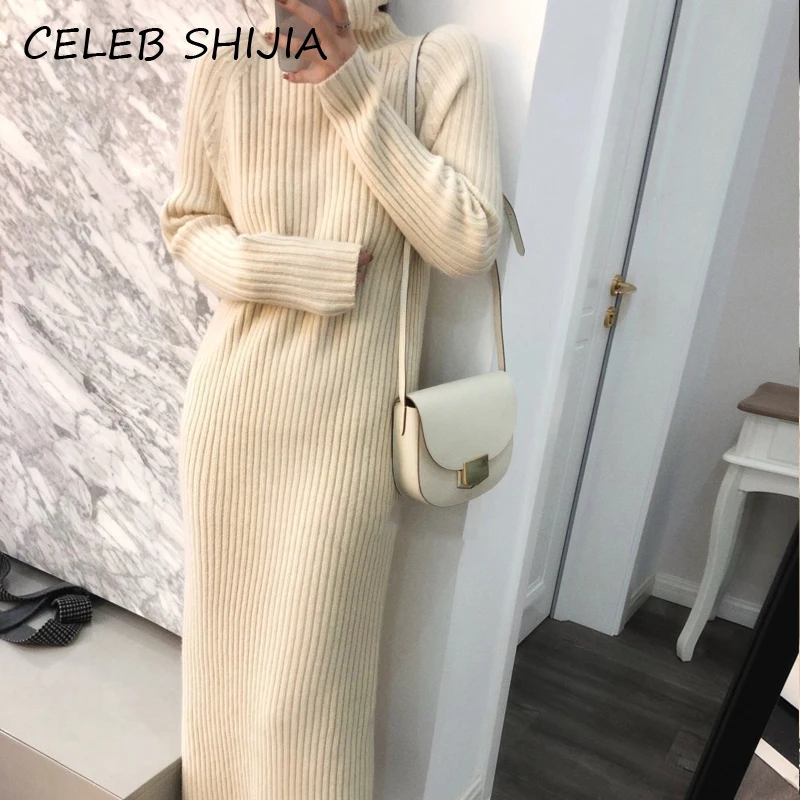 

SHIJIA Apricot Solid Elegant Long Knitted Dress For Woman Full-sleeve Gray Turtleneck Warm Sweater Dress Female Autumn 2023