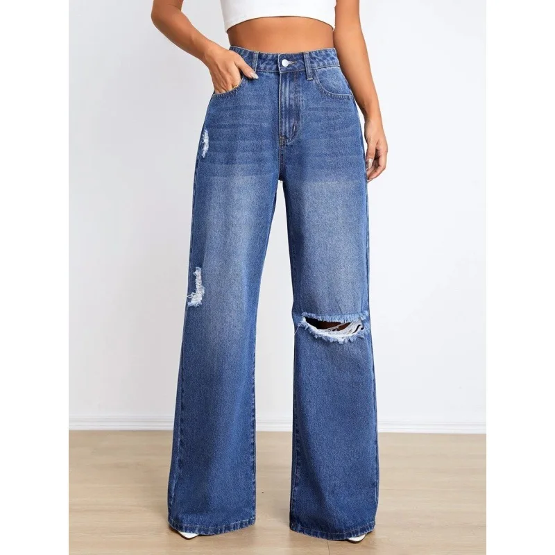 

FUAMOS New Personalized High Waist Ripped Loose Slim Wide Jeans Women's European American Stretch Sexy Denim Trendy Pants
