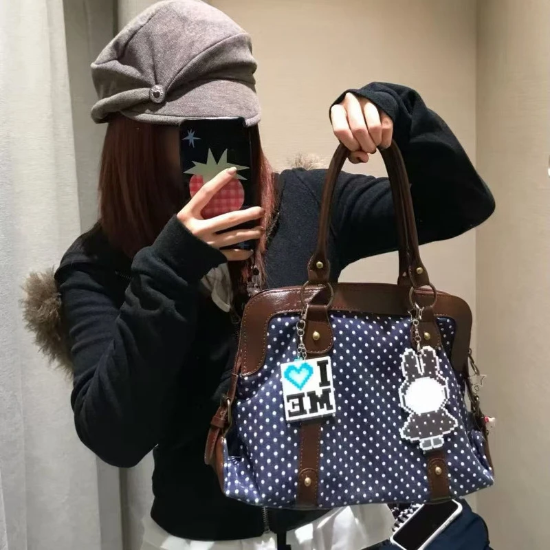Borsa a Mano Retrò Coreana a Pois, Valigetta Grande Multifunzionale in Pelle Patchwork, Borsa Elegante e Graziosa, Borsa Casual per il Pendolarismo - immagine 4