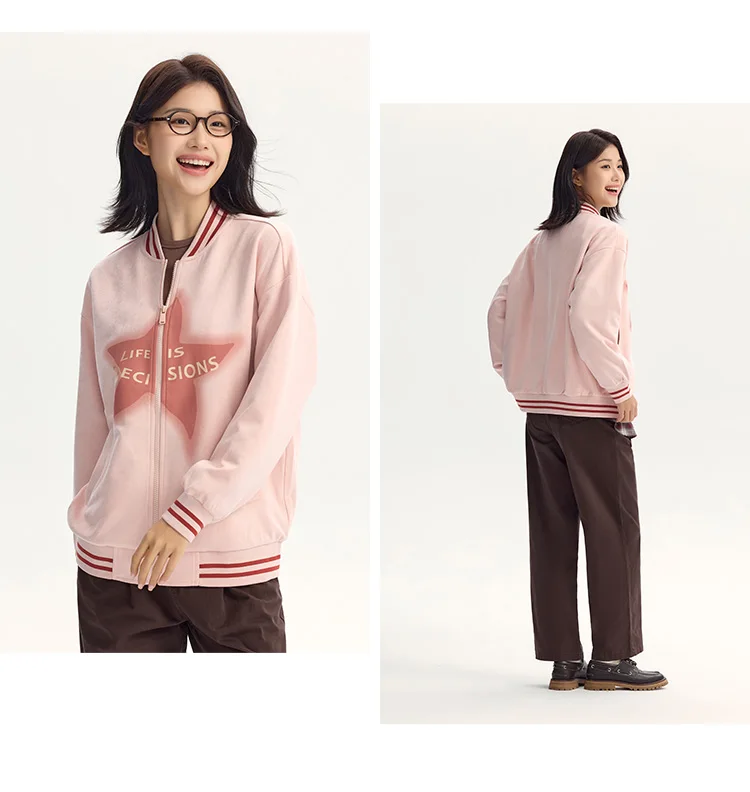 Coat Women Mid-Length Imitation Suede Loose Contrast Color Jacket Autumn Letter American Retro Star Baseball Coat